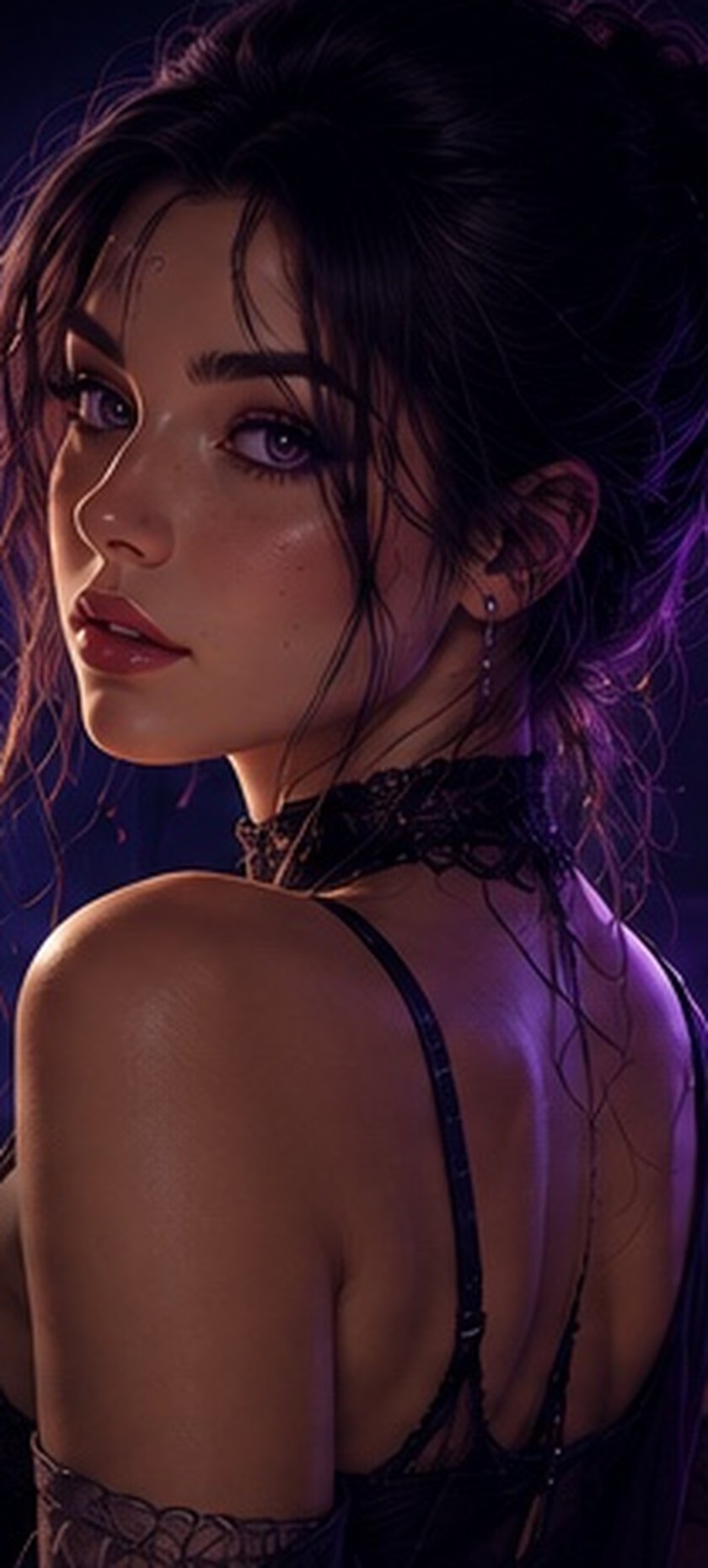 Stylized adult AI companion portrait in pink and violet light