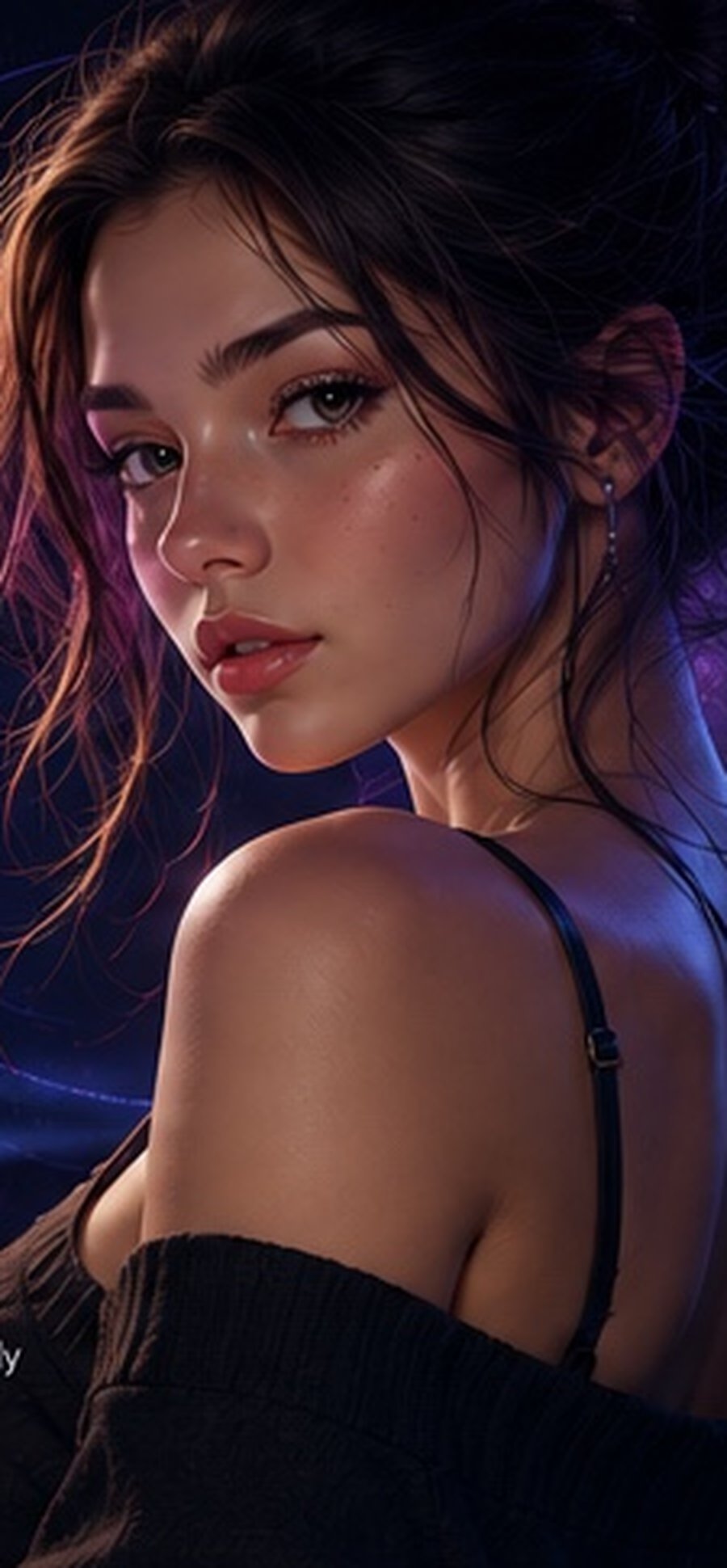 Stylized adult AI companion portrait in violet light